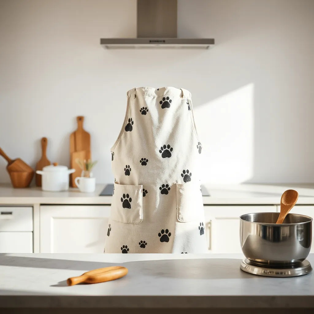 Person wearing a dog-themed kitchen apron in a bright, clean kitchen with mixing tools on the counter