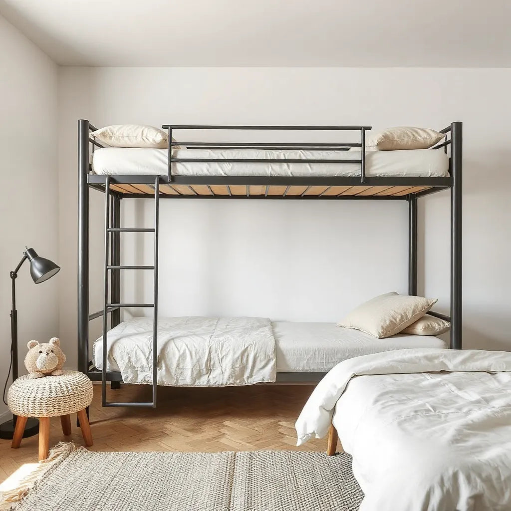 Sturdy metal bunk bed with guardrails and ladder in a clean, modern bedroom