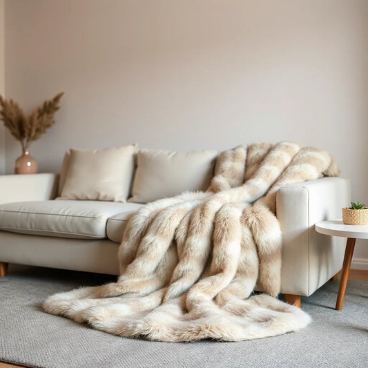 Designer fur blanket neatly draped over a neutral sofa with warm ambient lighting