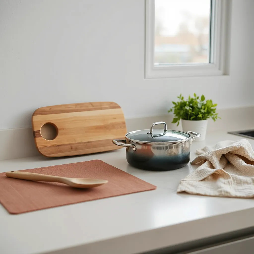 Natural wood and metal cookware set on a light kitchen countertop