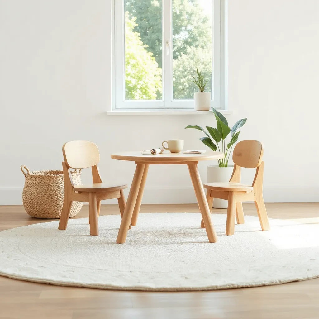 Light natural wood kids table and chairs in a clean, eco-friendly play area