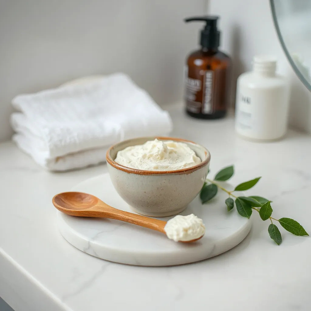 Ceramic bowl of exfoliating face scrub with a wooden spatula on a clean countertop