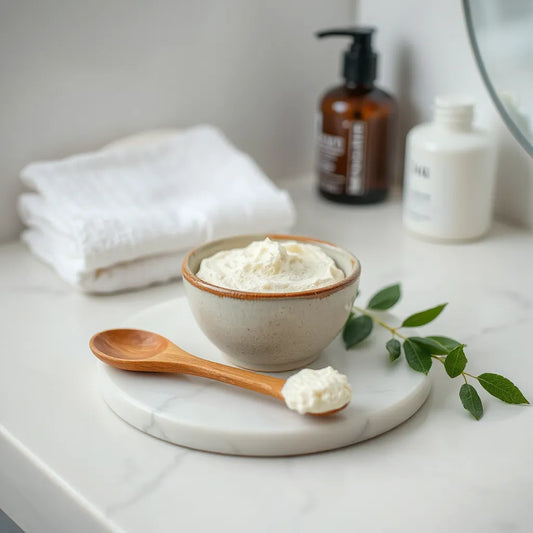 Ceramic bowl of exfoliating face scrub with a wooden spatula on a clean countertop