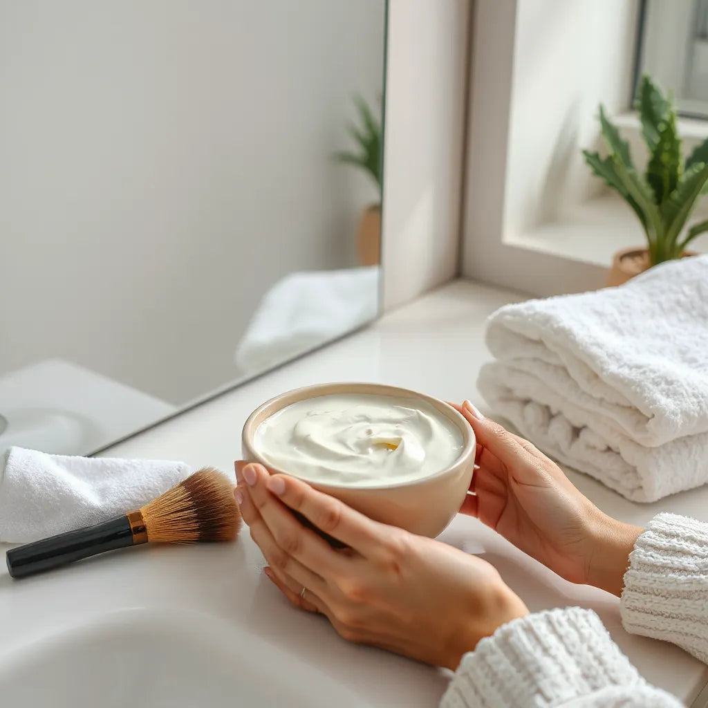 Creamy face mask being gently applied on the face with a bowl and brush on a clean vanity