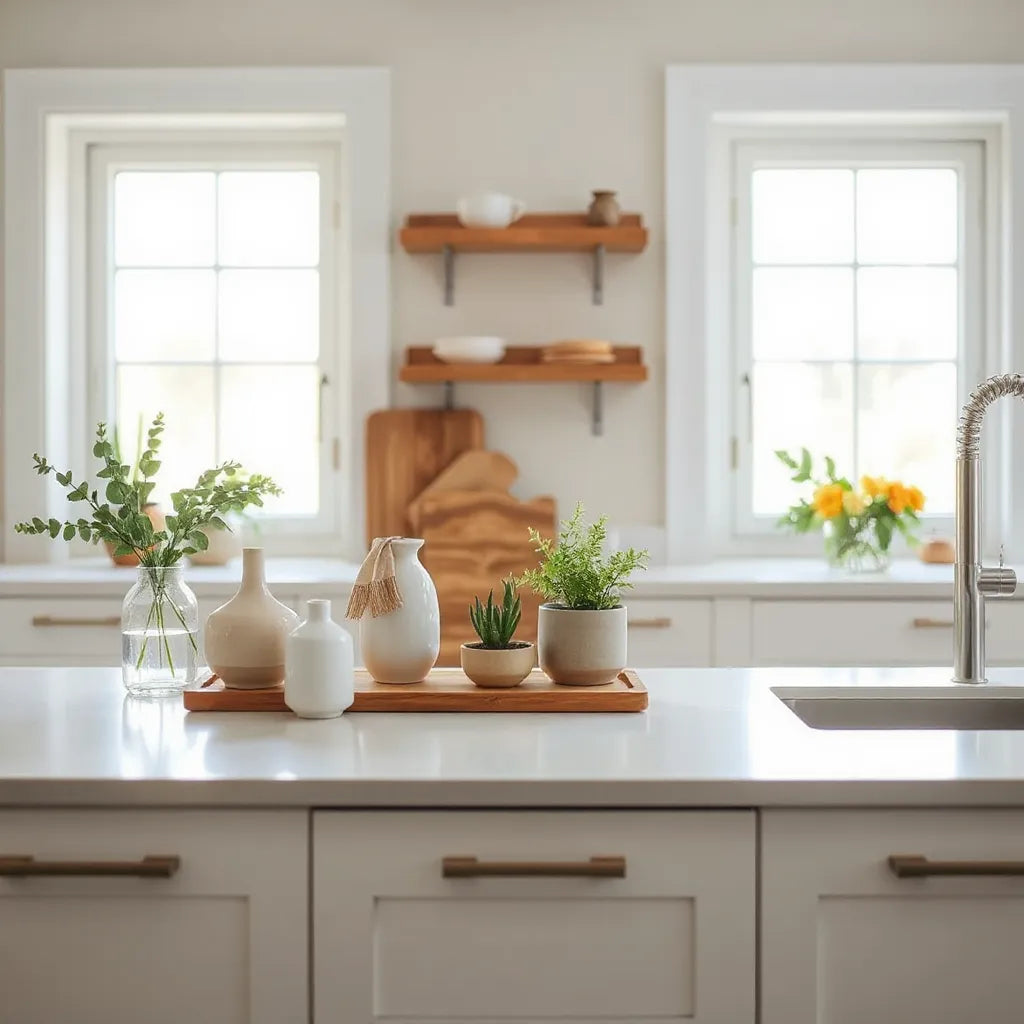 Modern kitchen countertop styled with elegant towels, ceramics, and greenery