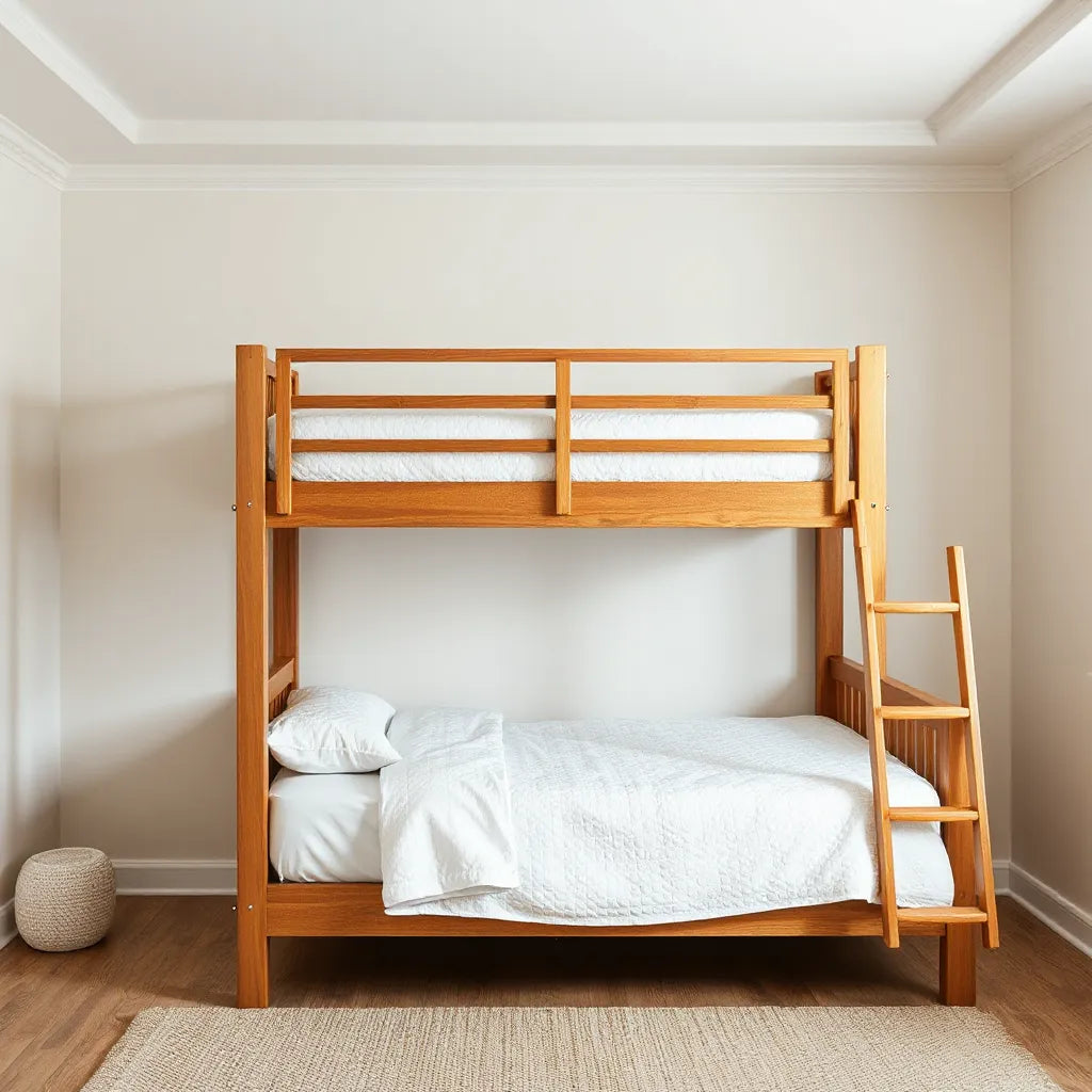 Full over full bunk bed in a tidy bedroom with guard rails and a side ladder