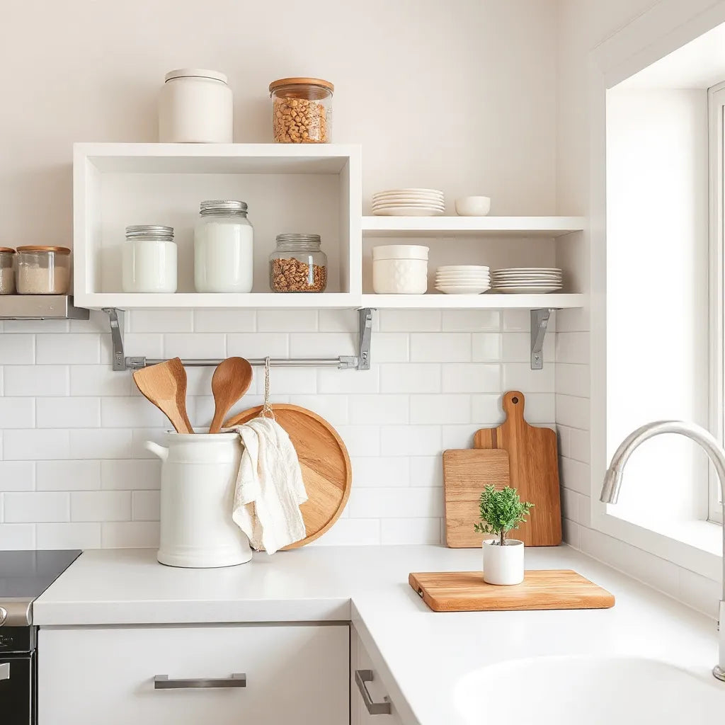 Bright kitchen with organized shelves, utensil holder, dish towels, and neatly styled countertop decor