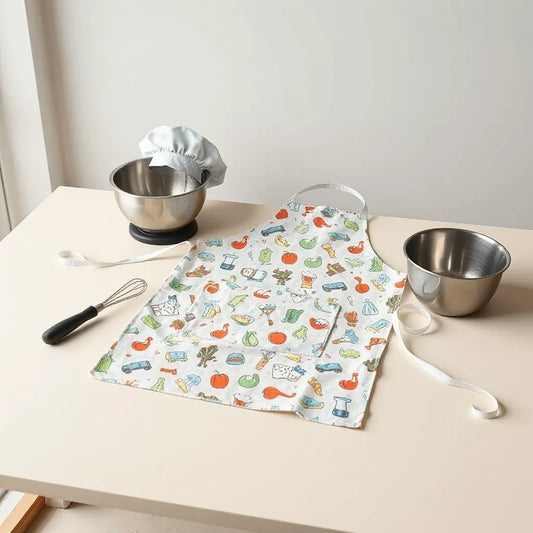 Chef apron with a playful pattern on a table beside a whisk and mixing bowl