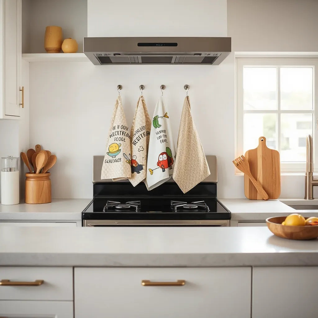 Humorous patterned kitchen towels hanging on an oven handle in a bright, tidy kitchen
