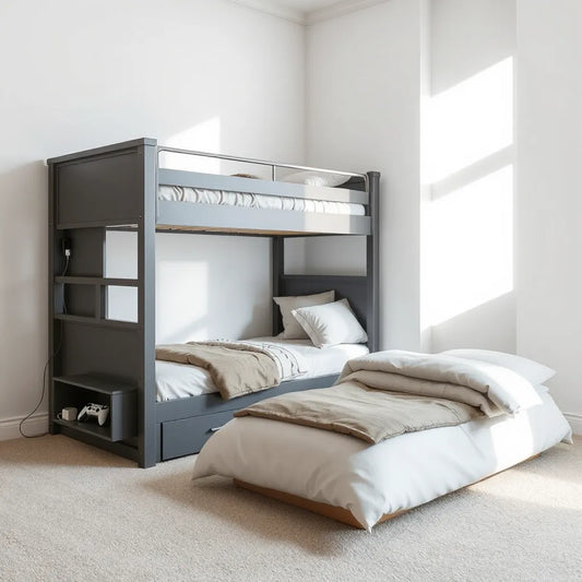 Modern gaming bunk bed with visible USB charging ports and neatly managed cables
