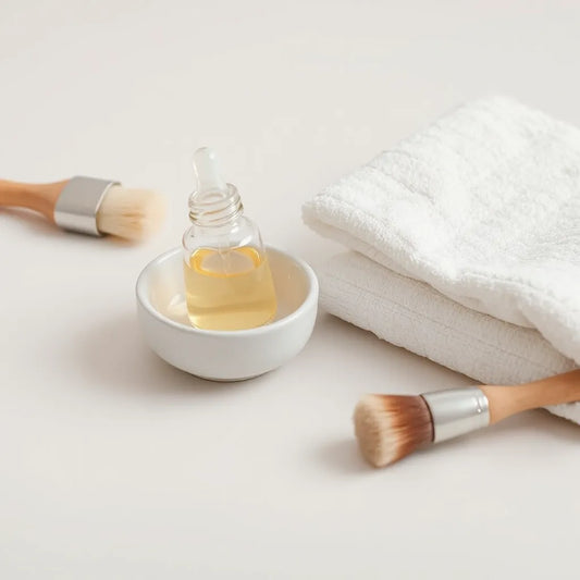 Skincare dropper bottle with pale liquid and simple routine items on a clean neutral background