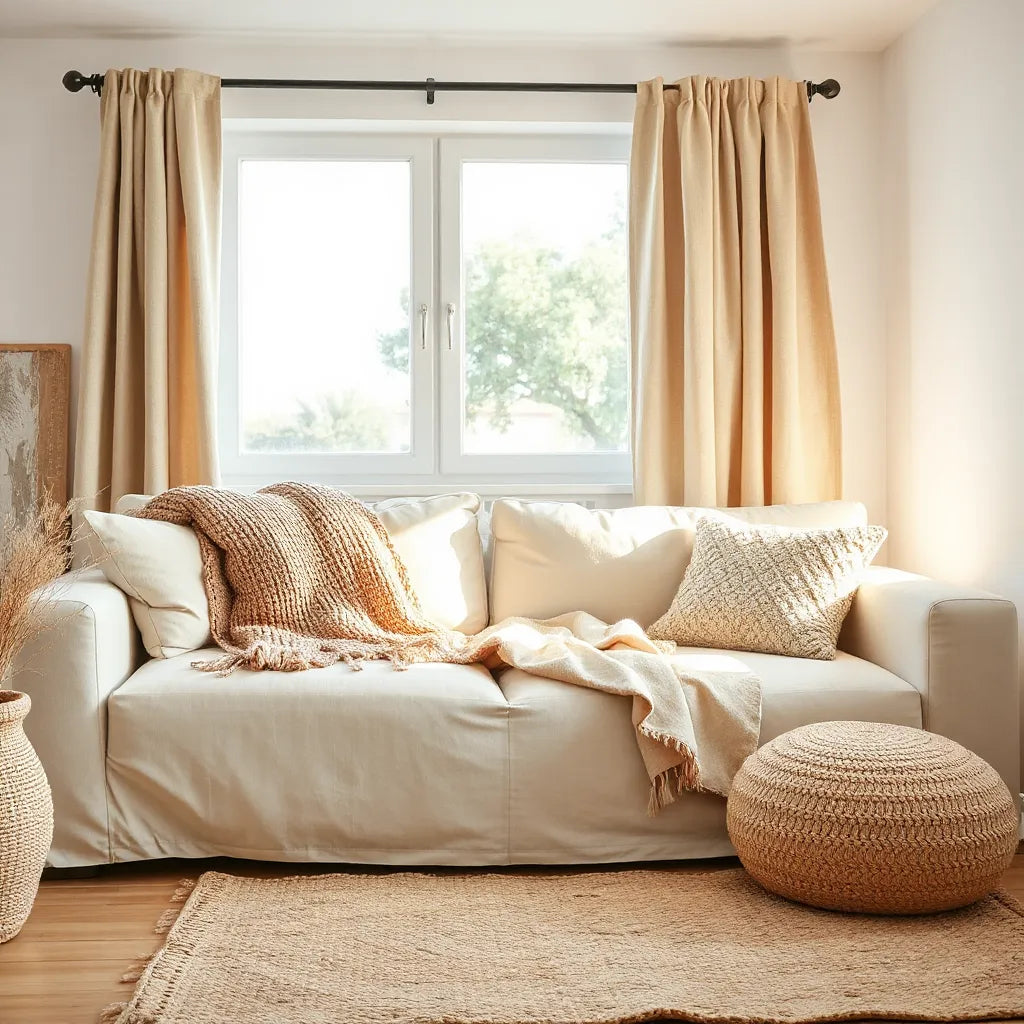 Cozy living room with layered handmade throws, cushions, linen curtains, and visible fabric textures