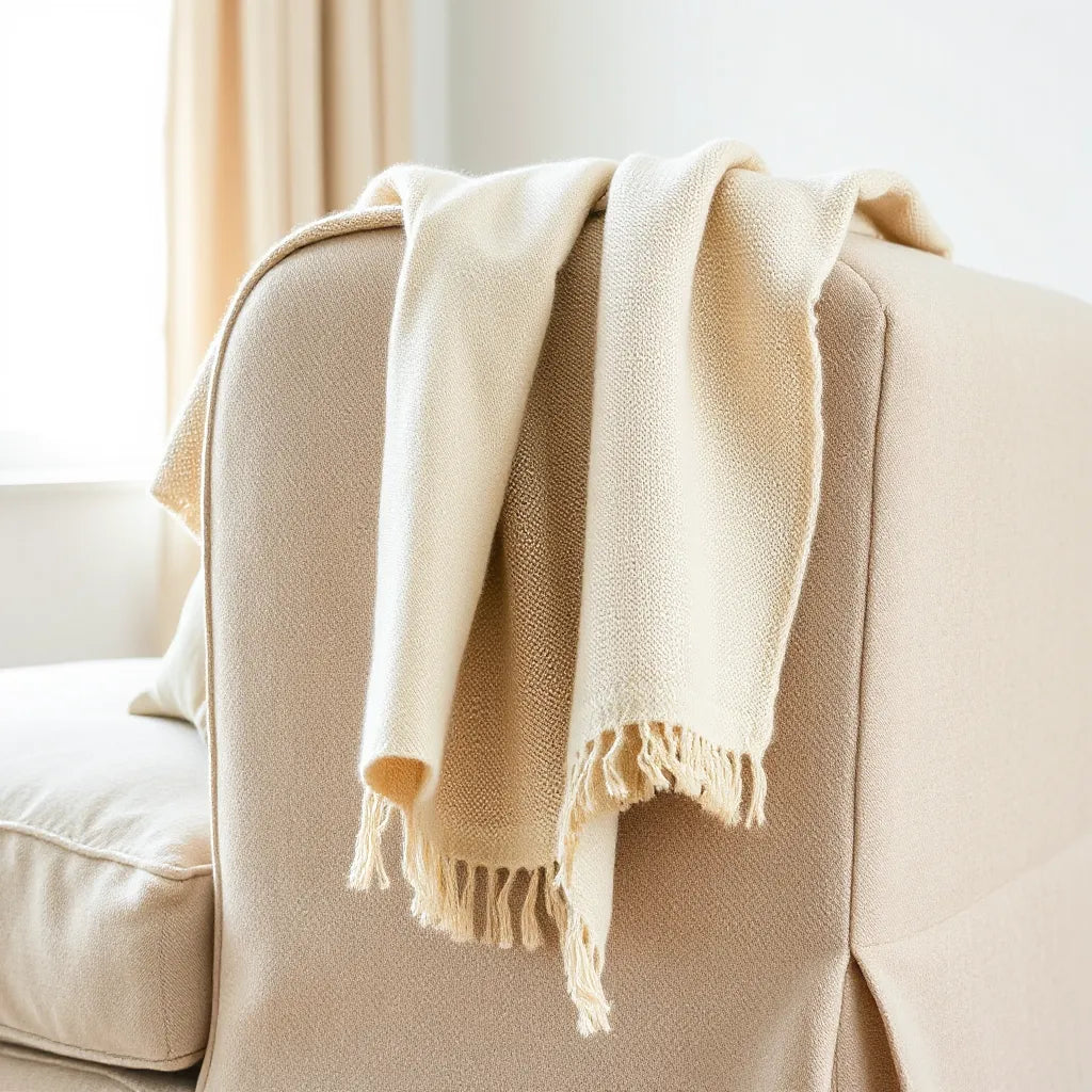 Handmade luxury throw draped over a neutral sofa with warm natural light