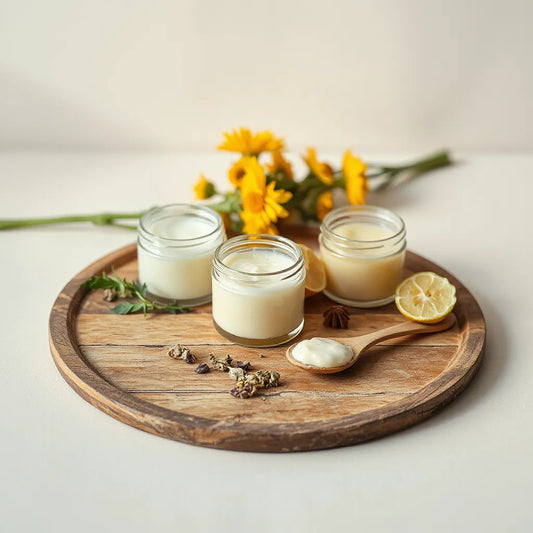 Handmade herbal balm jars with dried calendula flowers on a wooden tray
