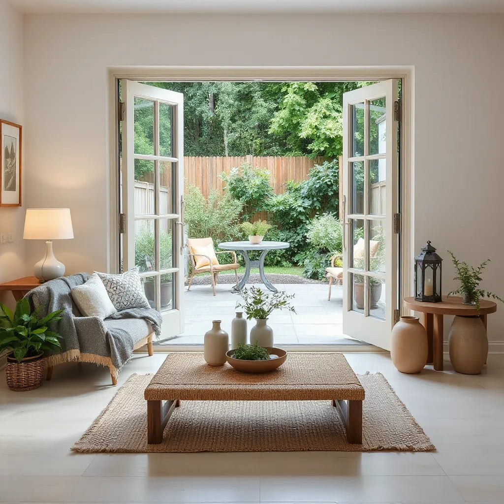 Neatly styled living room console with vases and potted herbs on a patio edge in daylight