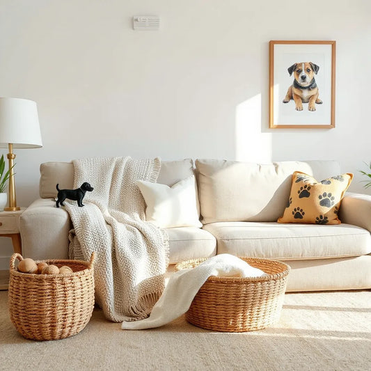 Cozy living room with dog-themed throw blanket, paw-pattern pillow, and framed dog artwork on neutral decor