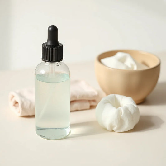 Clear toner dropper bottle with a cotton pad on a neutral background for skin care