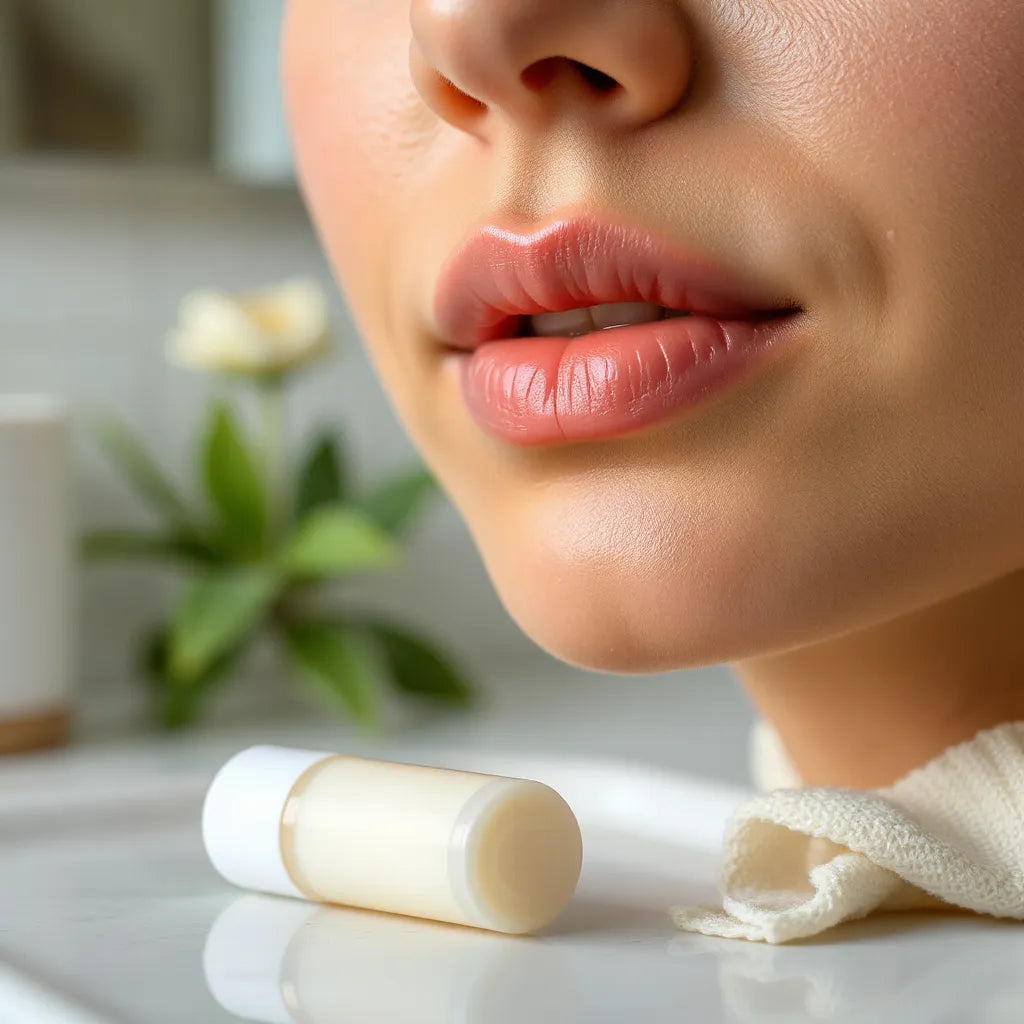 Moisturizing lip balm near softly hydrated lips with natural skin tones and gentle sheen