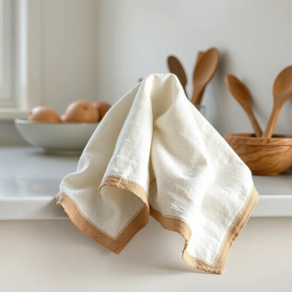 Artisan kitchen towels with woven texture draped over a countertop in a softly lit kitchen