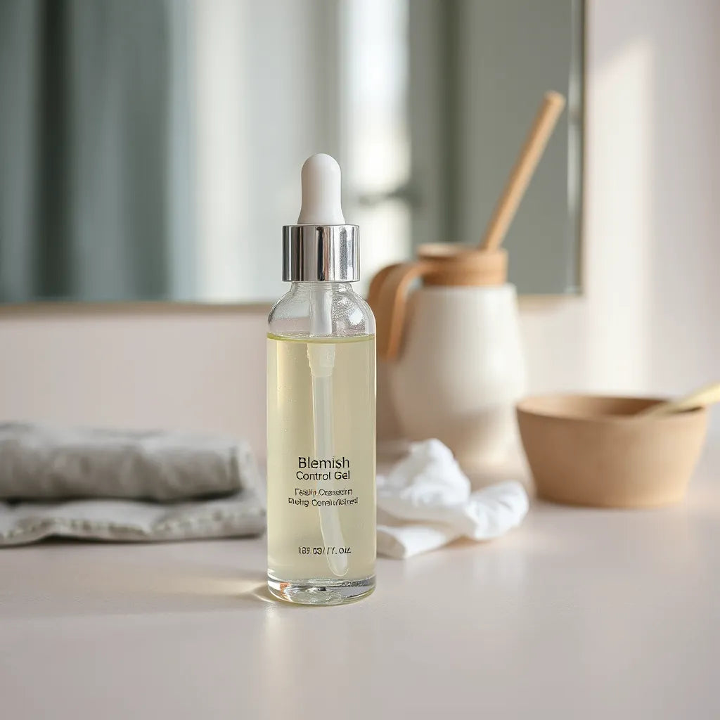 Translucent blemish control gel in a dropper bottle and tube on a clean skincare surface