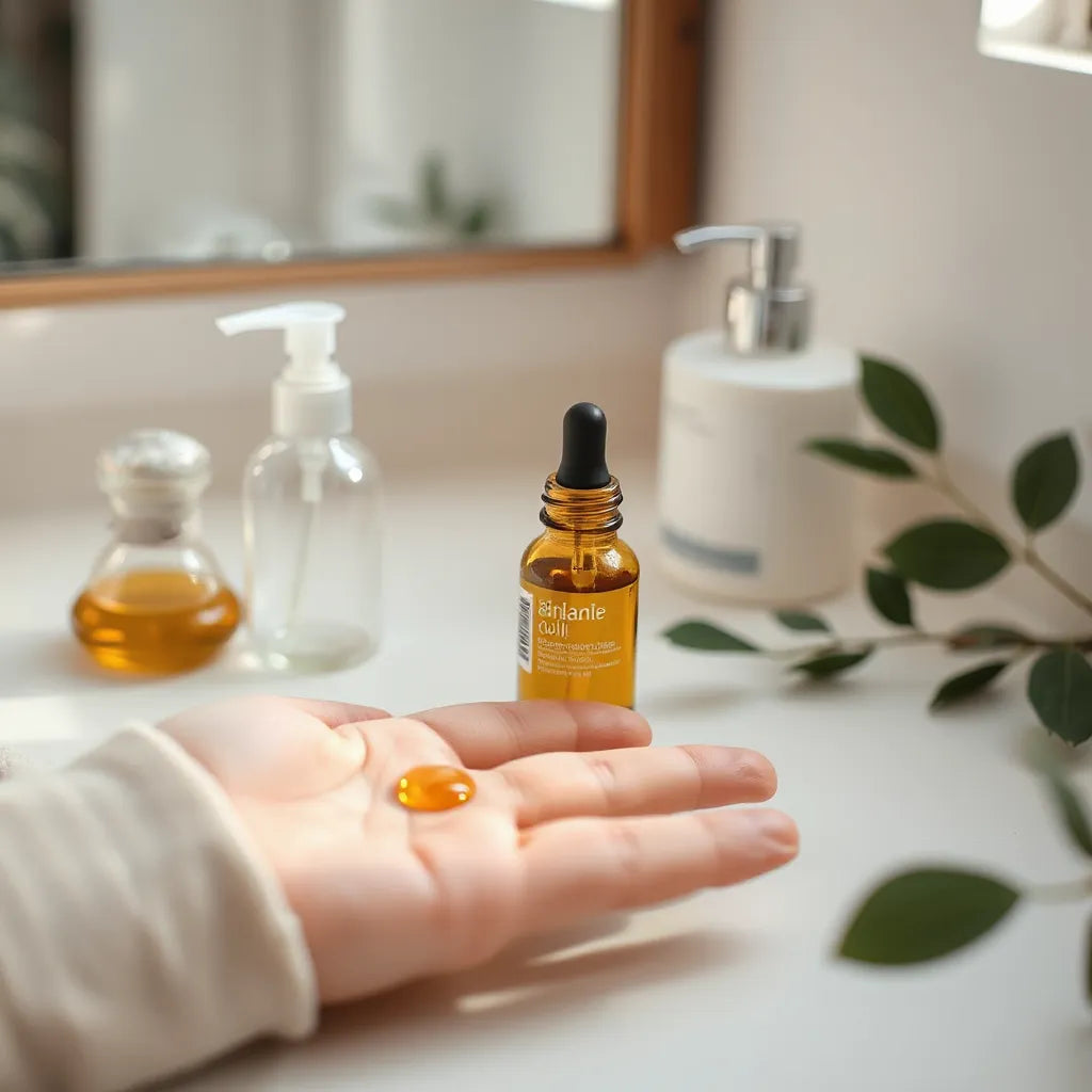 Glass dropper facial oil with visible drops on fingertips under soft natural light