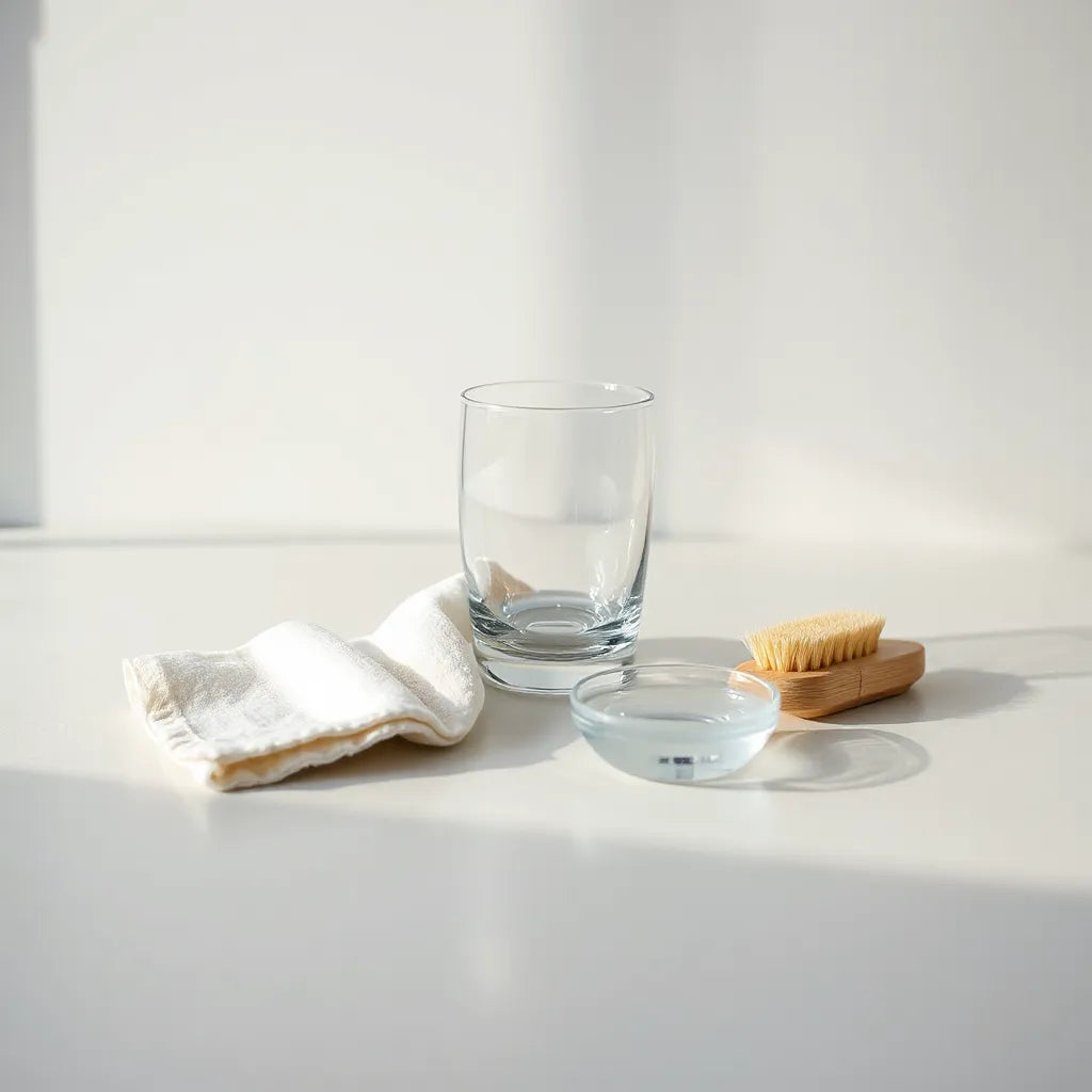 Clear premium glass on a clean table with microfiber cloth and gentle cleaning tools for lasting clarity.