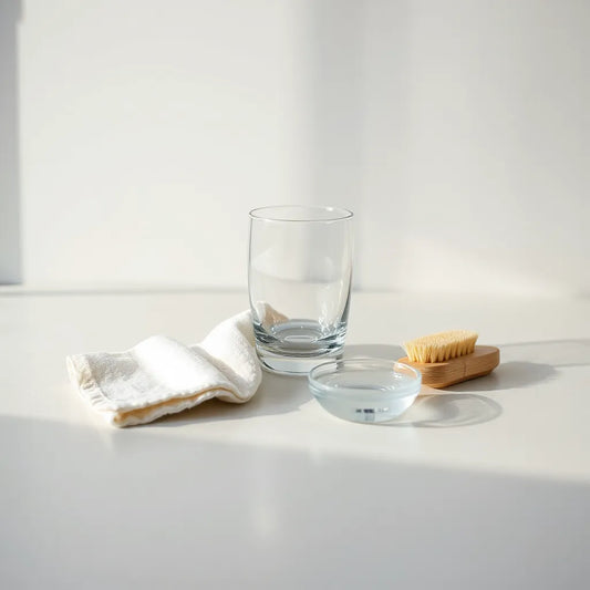 Clear premium glass on a clean table with microfiber cloth and gentle cleaning tools for lasting clarity.