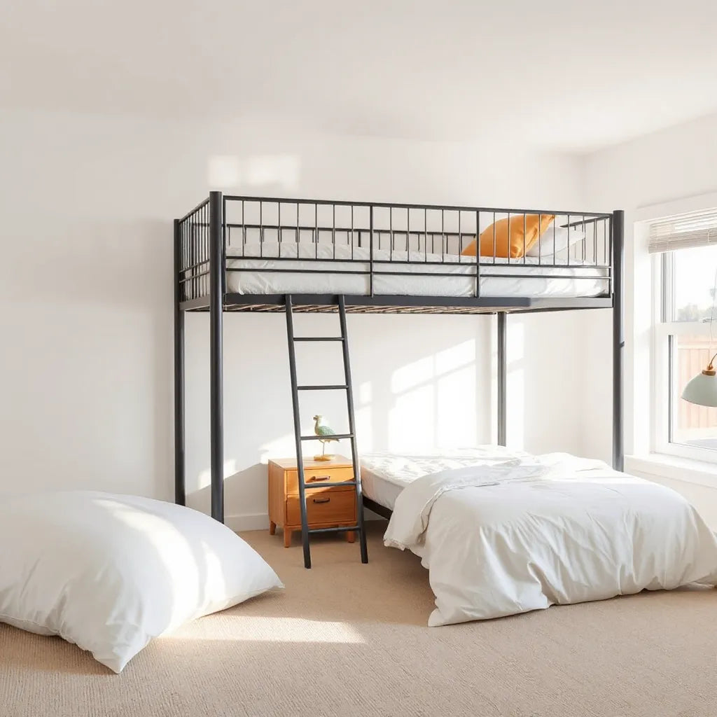Kids bunk beds with sturdy guard rails and neatly made upper bunk in a bright bedroom