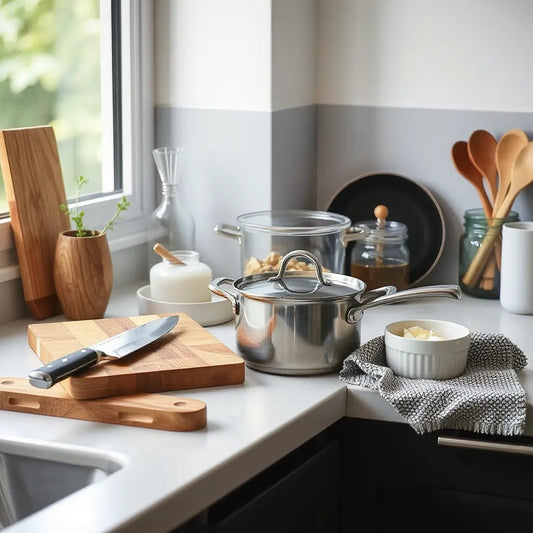 Neatly arranged kitchen tools and cookware on a bright countertop for everyday cooking.