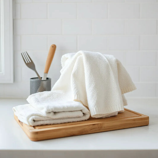 Neatly stacked kitchen towels on a clean countertop in soft natural light