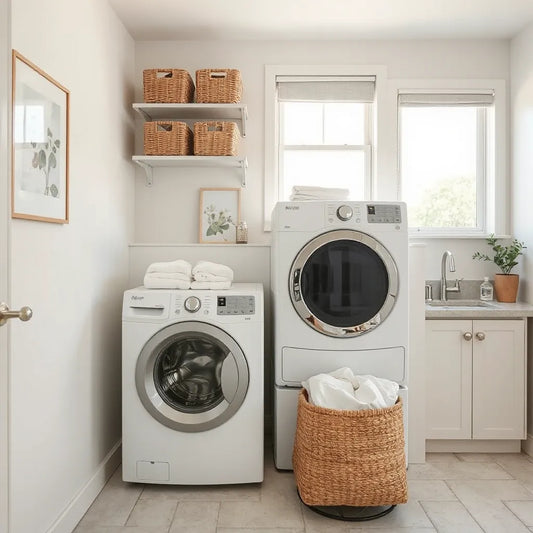 Bright laundry room with washer dryer, neatly stored towels, and simple shelves for stylish organization