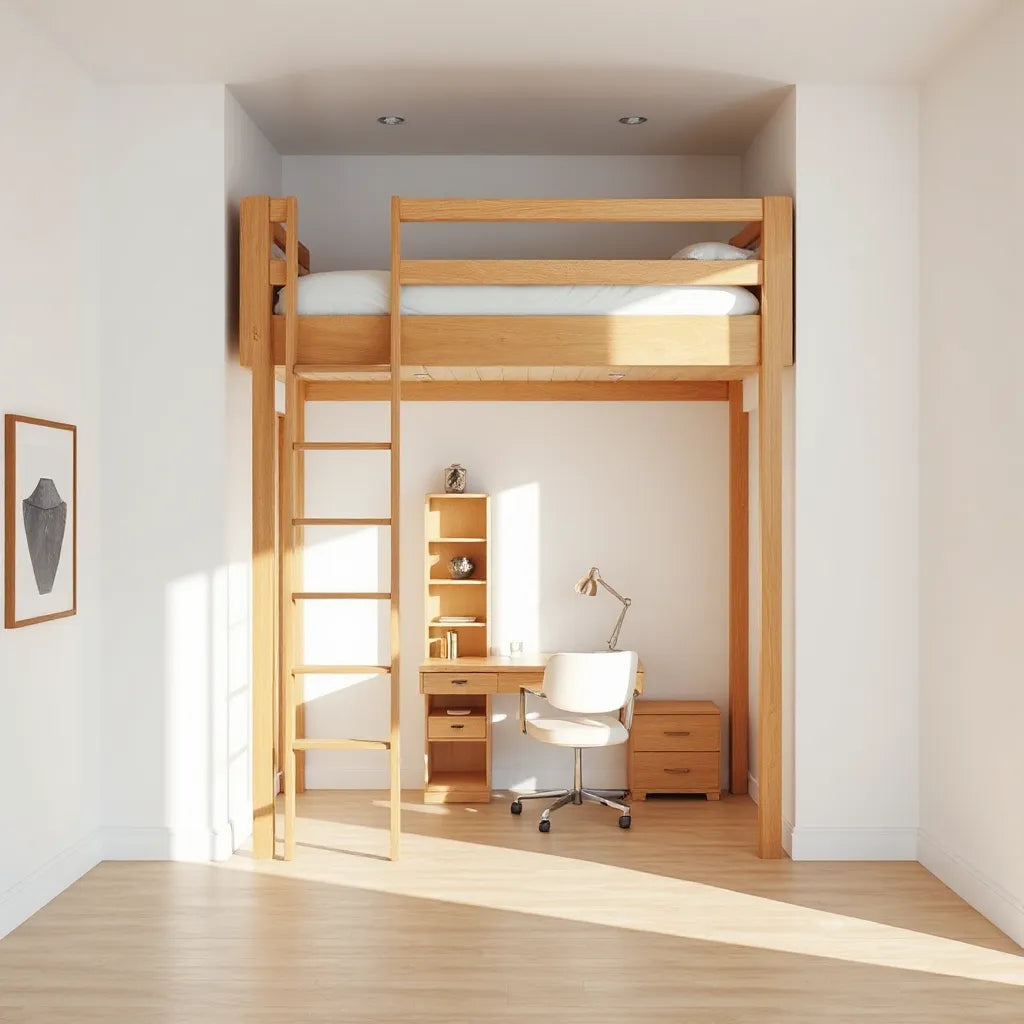 Loft bed with an integrated wardrobe and desk in a modern bedroom