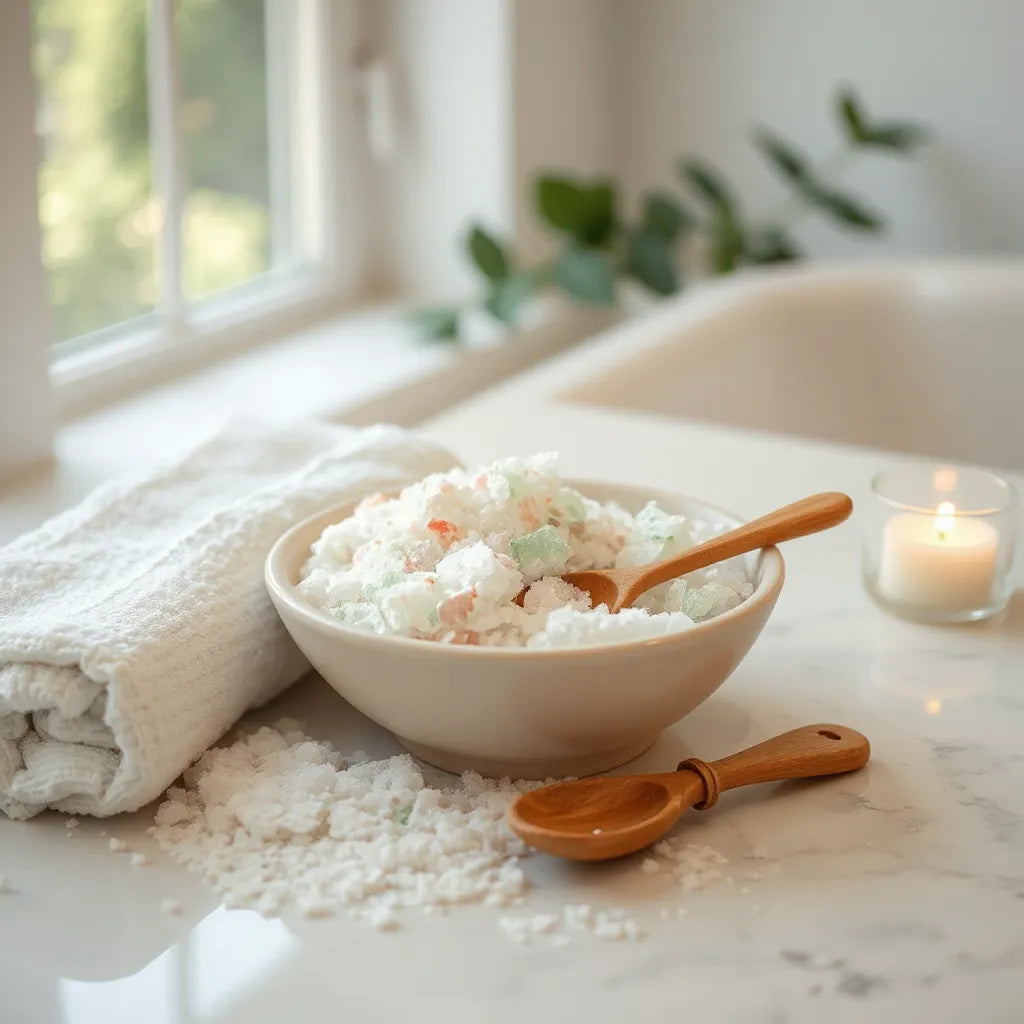 Ceramic bowl of pastel luxury bath salts with a towel and warm spa lighting