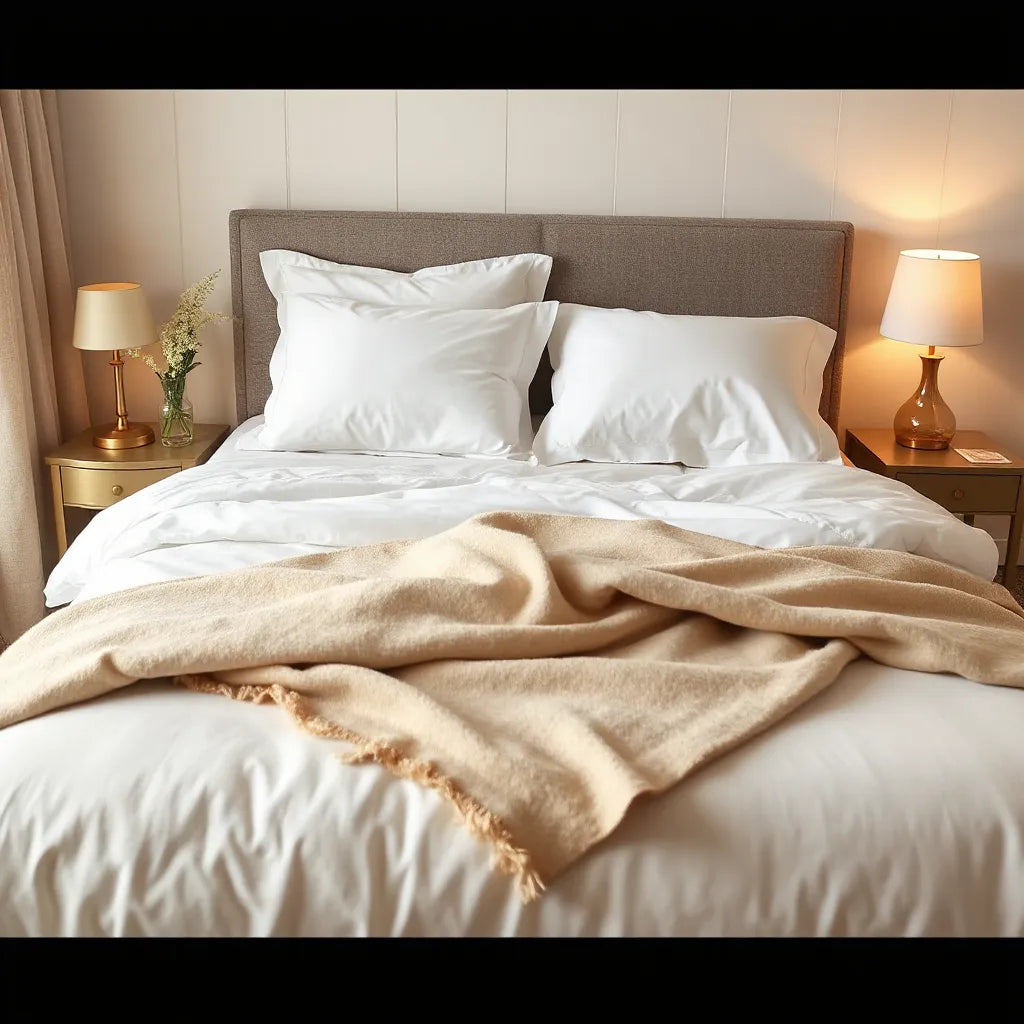 Neatly made bed with high-end linens, satin-trim pillowcases, and plush throw in warm neutral tones