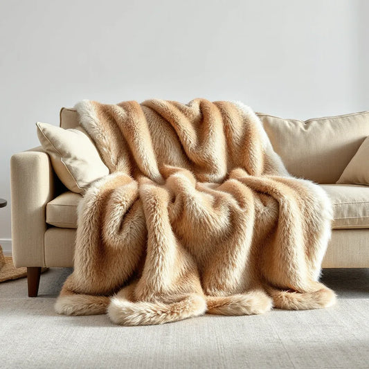 Luxury faux fur throw blanket draped over a neutral sofa with soft, realistic texture