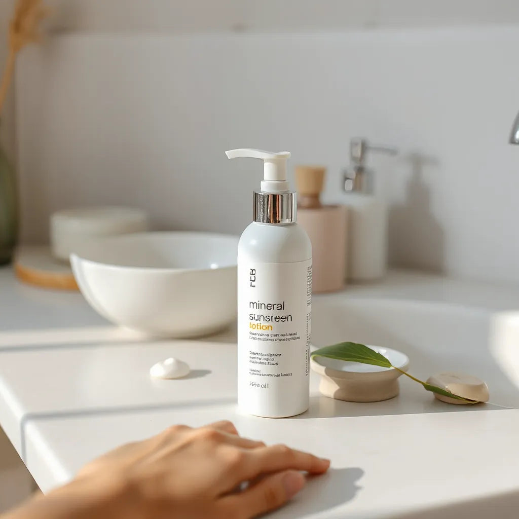 Mineral sunscreen lotion bottle with a hand applying a smooth, white cream texture in natural daylight