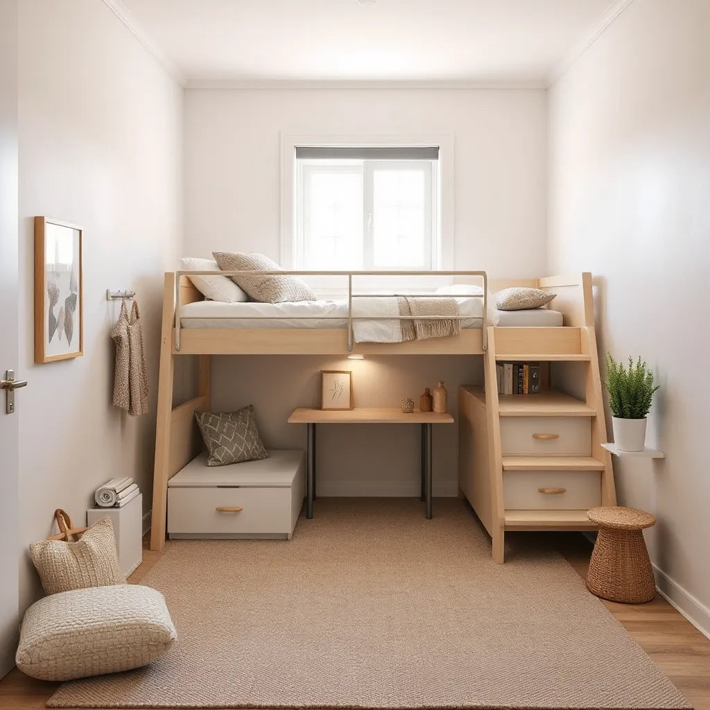Multi-functional bunk bed with built-in drawers and a small desk in a bright bedroom