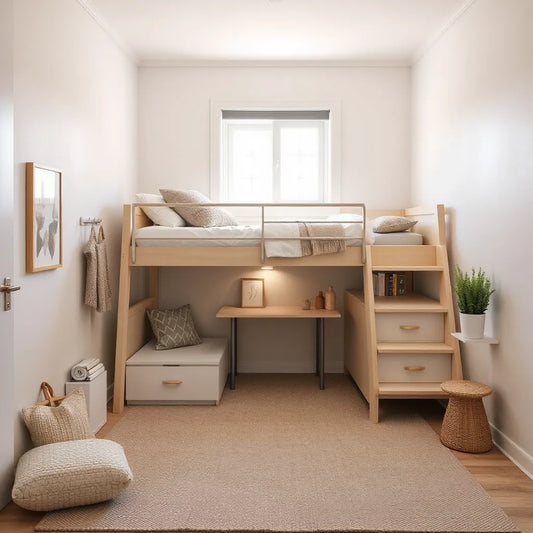 Multi-functional bunk bed with built-in drawers and a small desk in a bright bedroom