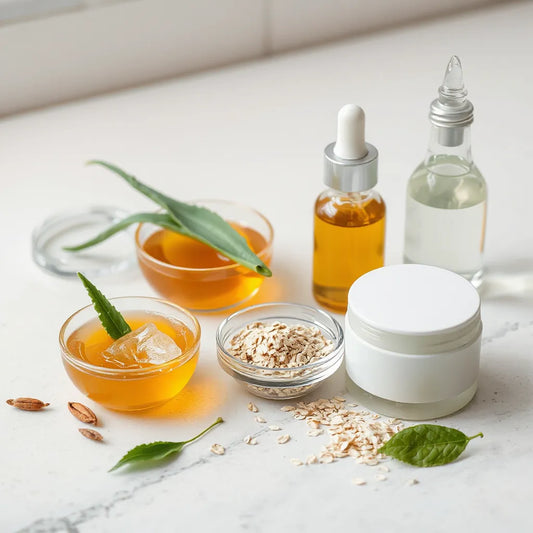 Natural skincare ingredients like honey, aloe, and oats arranged with fresh botanical leaves