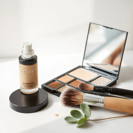 Foundation pump, makeup brush, and smooth complexion in soft natural light for a pore-friendly base guide