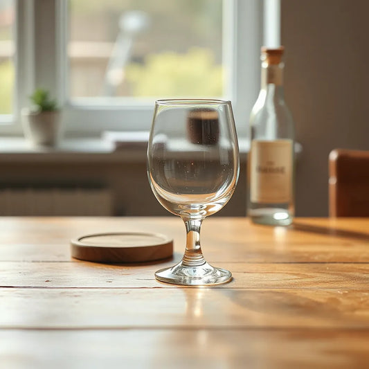 Clear nosing glass with warm reflections on a wooden table, with a softly blurred spirit bottle behind