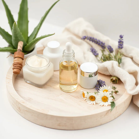 Organic skincare bottles and jars on a clean tray with fresh herbs and flowers
