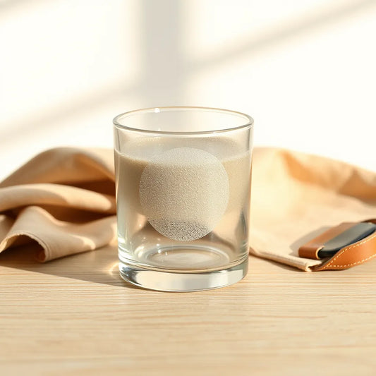 Palm-sized clear glass item with frosted texture on a minimalist wood surface in soft daylight
