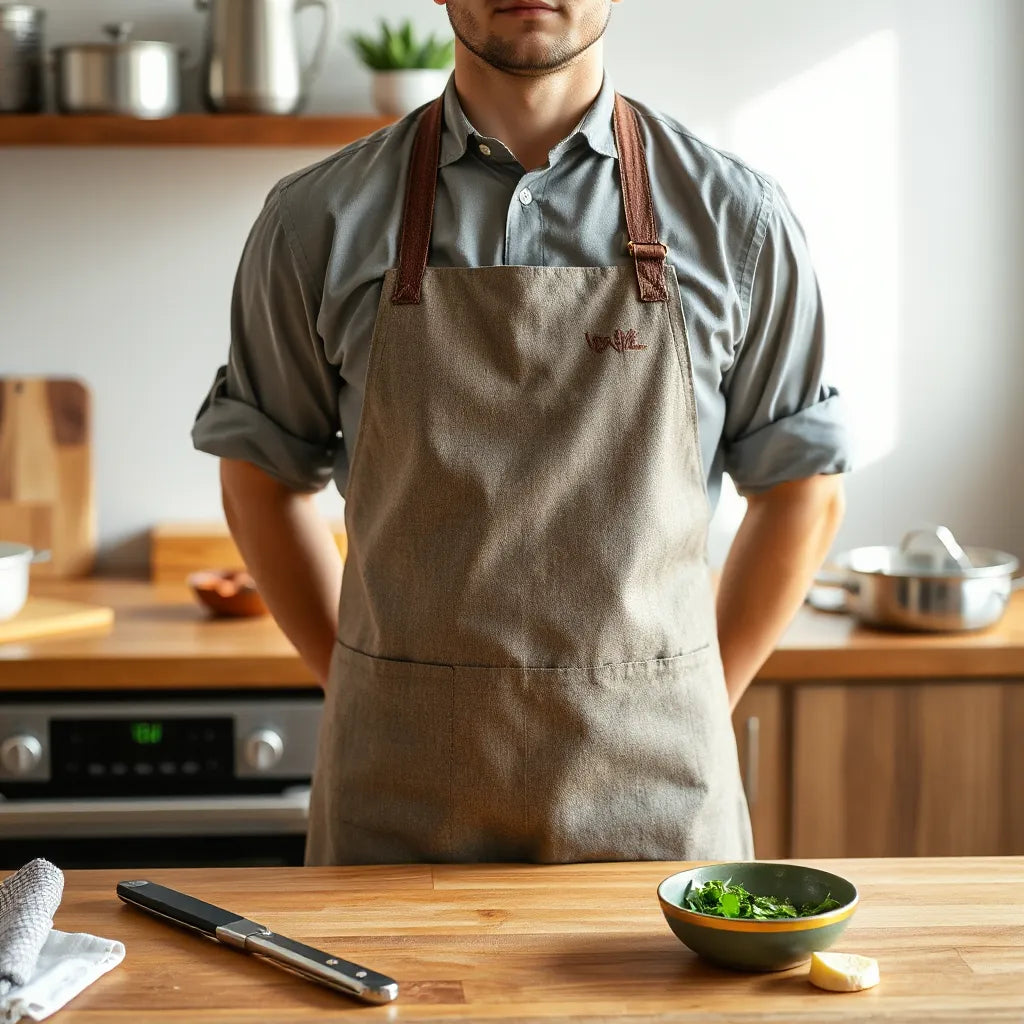 Customized apron and matching cooking shirt worn in a warm kitchen with cookware softly blurred behind