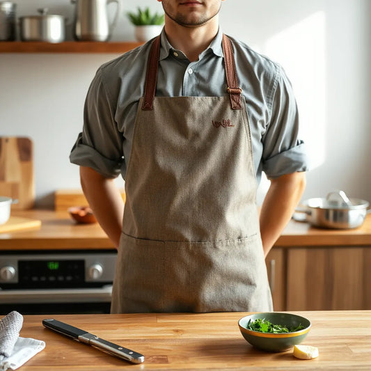 Customized apron and matching cooking shirt worn in a warm kitchen with cookware softly blurred behind