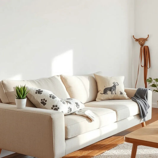Stylish living room with pet-inspired decor accessories including cat planters and dog-themed cushions