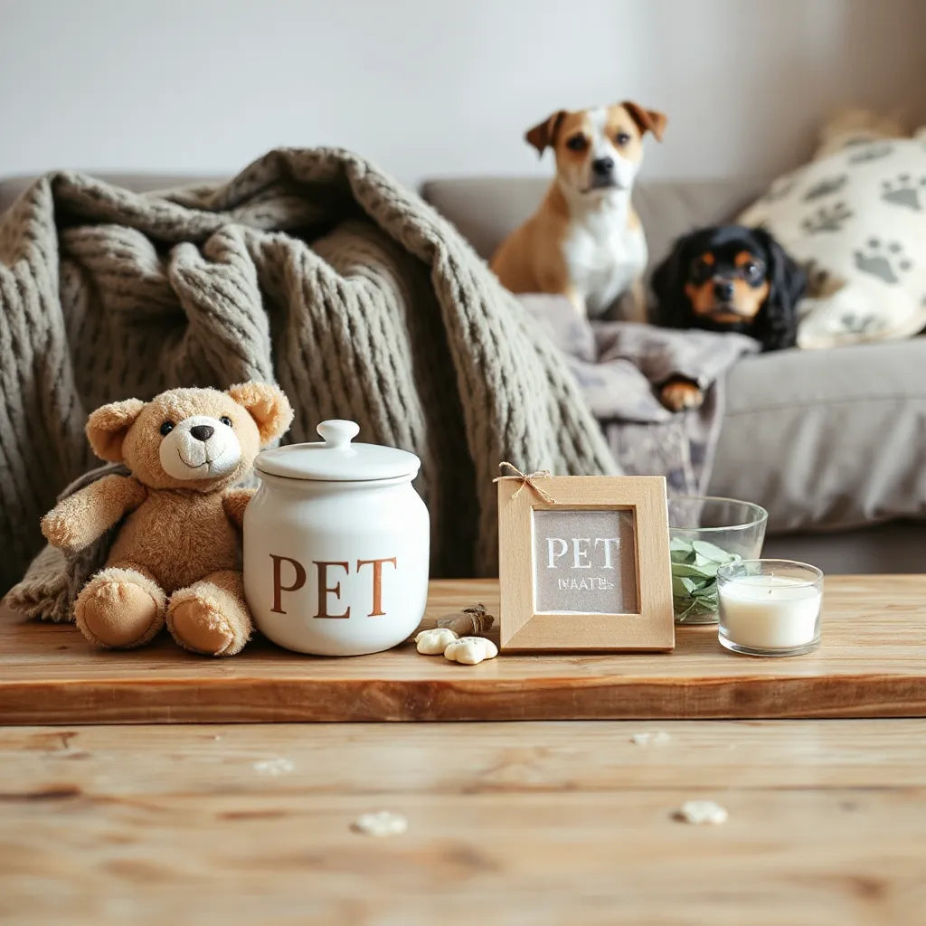 Wood tabletop styled with pet treats jar, plush toy, cozy blanket, and photo frame