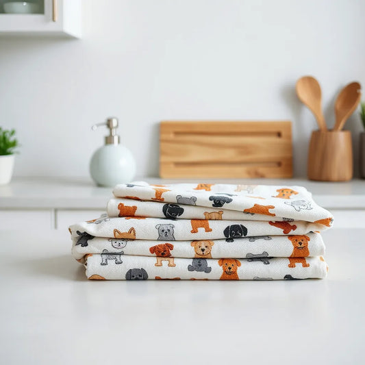 Folded cat and dog patterned kitchen towels on a bright kitchen countertop