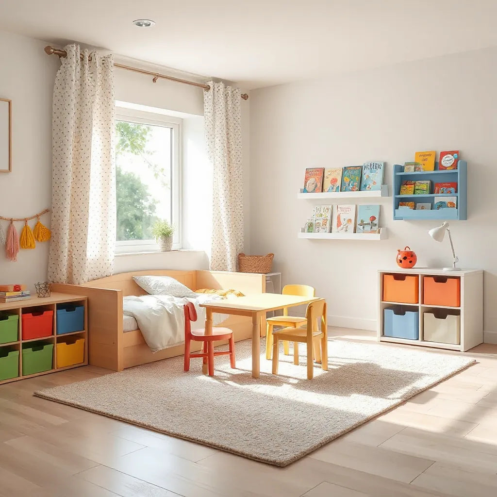 Colorful kids bedroom with playful furniture, storage bins, rug, and a reading nook