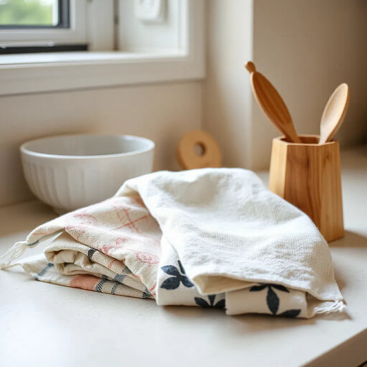 Folded print kitchen towels on a kitchen counter with patterns and soft natural lighting